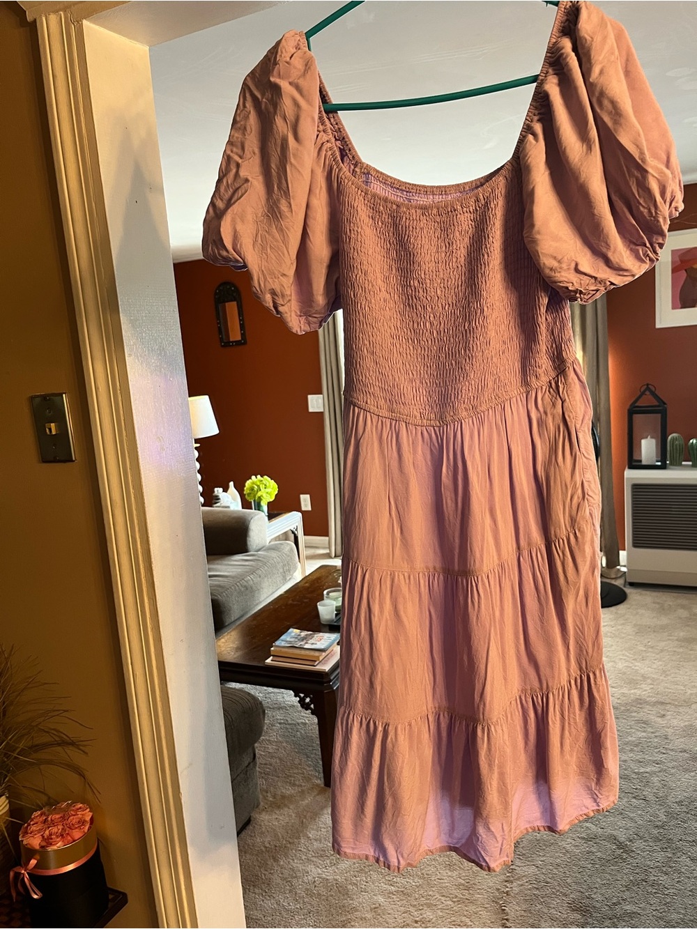 Smocked Puff-Sleeve Midi Dress in lavender color